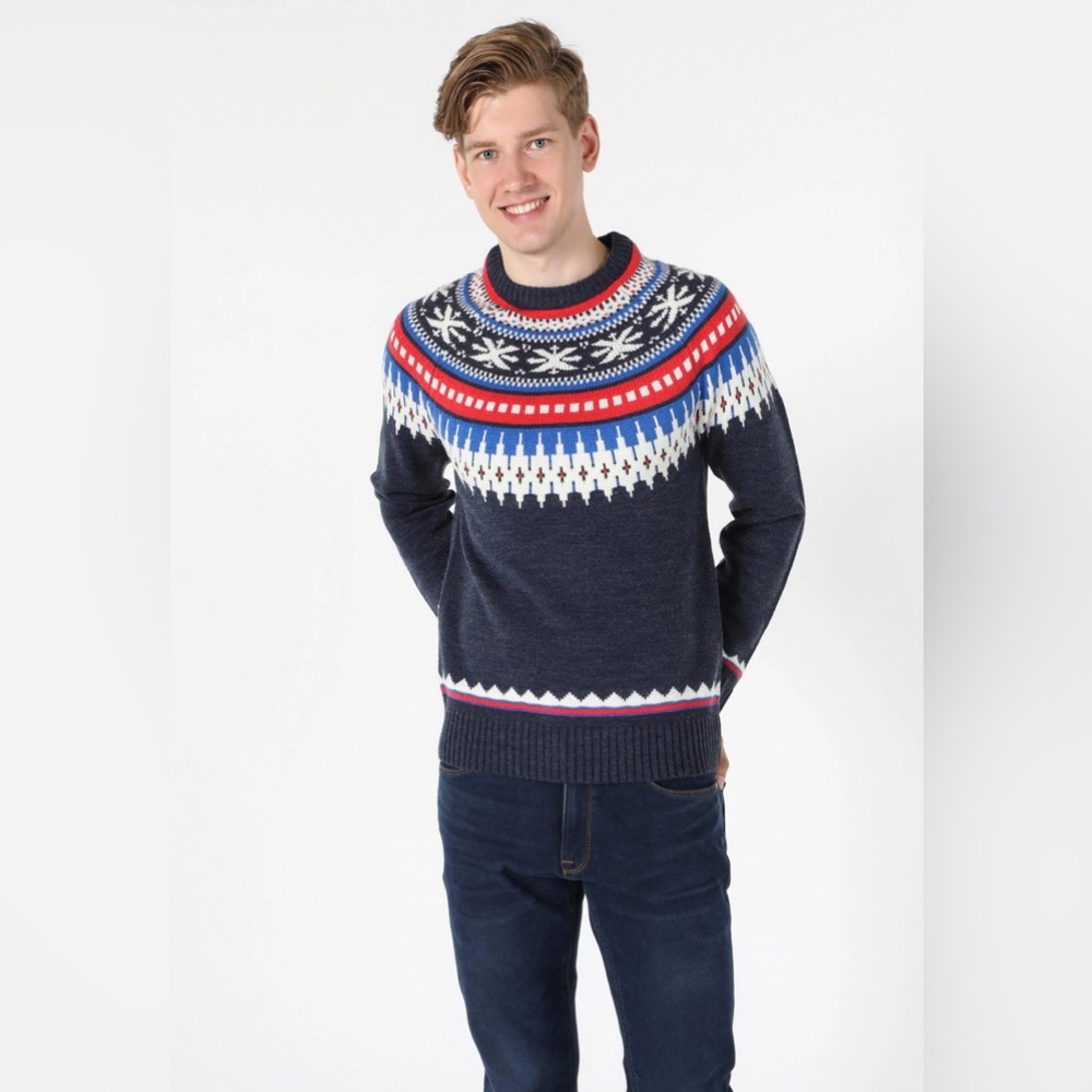 American Eagle Mens M Fair Isle Nordic Printed Crew Neck Sweater Blue